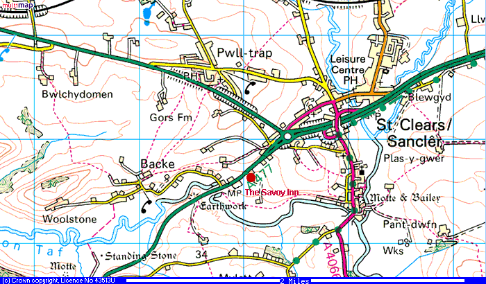 Map of the area around St. Clears, showing The Savoy Inn