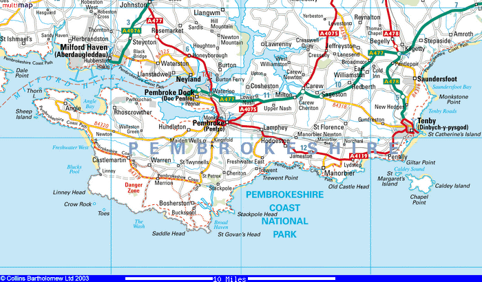 Map of the area around Stackpole, including Pembroke